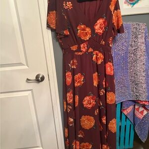 Floral V-Neck Maxi Dress - Orange and Brown